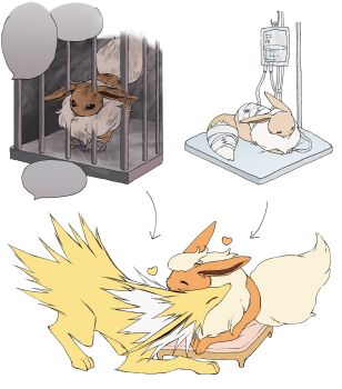 519luck animal_focus arrow_(symbol) brown_fur cage closed_eyes cuddling cuffs eevee flareon gen_1_pokemon handcuffs heart highres injury intravenous_drip iv_stand jolteon lying nintendo on_stomach orange_fur patch pokemon pokemon_(creature) pokemon_focus simple_background white_background yellow_fur