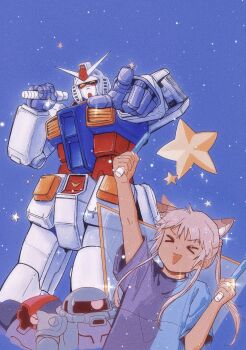 Rule 34 | > <, animal ears, blue background, blue shirt, character request, closed eyes, commentary request, dom (mobile suit), glowstick, grey hair, gundam, highres, holding, holding glowstick, mecha, megamega, mobile suit, mobile suit gundam, one-eyed, open mouth, pointing, pointing at viewer, robot, rx-78-2 gundam, science fiction, shirt, shoulder spikes, sidelocks, smile, spikes, star (symbol), sweatdrop, v-fin, yellow eyes, zaku ii