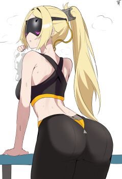 1girl absurdres ass black_pants blindfold_mask blonde_hair breasts commentary covered_eyes english_commentary hair_ornament highres holding large_breasts long_hair lorddantesito mask navel open_mouth pants ponytail solo trigger_(zenless_zone_zero) zenless_zone_zero