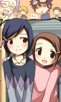 Rule 34 | 00s, 2girls, 4boys, ^ ^, blonde hair, blue hair, blush, brown eyes, brown hair, digimon, digimon adventure 02, closed eyes, glasses, goggles, hair ornament, hairclip, hairpin, hida iori, ichijouji ken, inoue miyako, kurot, long hair, lowres, motomiya daisuke, multiple boys, multiple girls, purple hair, short hair, smile, sweater, takaishi takeru, trap, yagami hikari