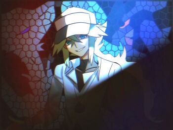 Rule 34 | 1boy, arm out of frame, baseball cap, black shirt, blue eyes, blue sclera, colored sclera, commentary request, crack of light, dappled moonlight, dragon, dress shirt, facing viewer, gen 5 pokemon, green hair, grin, hat, head tilt, highres, indoors, jewelry, legendary pokemon, long hair, long sidelocks, low ponytail, male focus, moonlight, n (pokemon), necklace, nintendo, outstretched arms, partially unbuttoned, pokemon, pokemon (creature), pokemon bw, ponytail, red sclera, reshiram, shirt, shirt under shirt, sidelocks, smile, stained glass, untucked shirt, upper body, watch, white hat, white shirt, wristwatch, zekrom, zero (sleepy meltan)