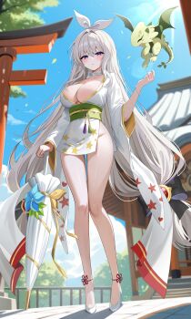 1girl absurdres artist_request black_bow blue_sky blush bow bracelet breasts brick_floor building center_opening cleavage cloud collarbone commentary_request commission day dragon dungeon_and_fighter falling_leaves full_body gold_trim groin hair_between_eyes hair_bow hair_intakes hair_ribbon hand_up harin_(byeolbich) heart heart_print high_heels highres holding holding_umbrella japanese_clothes jewelry kimono korean_commentary large_breasts leaf legs lens_flare long_hair long_sleeves looking_at_viewer no_panties obi original outdoors parted_lips print_kimono purple_eyes railing ribbon sash second-party_source short_kimono side_slit sidelocks sky solo star_(symbol) star_print sun sunlight tassel thighs torii tree two-sided_sleeves umbrella very_long_hair white_hair wide_sleeves