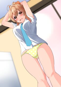 Rule 34 | 1girl, absurdres, ahoge, arms up, blue neckerchief, blurry, blurry background, blush, bow, brooch, brown eyes, brown hair, commentary request, commission, crotch seam, depth of field, dress shirt, dutch angle, frown, girlfriend (kari), gluteal fold, hair bow, hair ornament, hairclip, hands on own head, highres, indoors, jewelry, kisaragi setsu (mssk8485), looking at viewer, neckerchief, no pants, open mouth, orange bow, panties, partial commentary, pixiv commission, polka dot, polka dot panties, ponytail, sakurai akane (girlfriend (kari)), shirt, short sleeves, solo, standing, underwear, white shirt, wing brooch, yellow panties