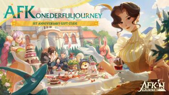 3boys 4girls :d afk_(series) afk_journey alcohol animal_ears aqua_hat arm_on_another&#039;s_shoulder armor bent_over black_gloves blue_hair blue_sky blue_tunic braid brown_eyes brown_hair bush cake cake_slice cake_stand cape cherry chippy_(afk) closed_eyes closed_mouth cloud commentary copyright_logo copyright_name cream_puff cup cupcake day detached_sleeves donut dress drinking_glass earrings elbow_gloves elbow_rest english_commentary english_text eyelashes florabelle_(afk) flower food fork frilled_sleeves frills fruit fur-trimmed_cape fur_trim furry furry_female furry_male gloves gradient_clothes gradient_dress green_gloves hair_flower hair_ornament hammie_(afk) hamster_boy hamster_girl hands_up hat head_rest helmet holding holding_cup holding_fork holding_tray jewelry lamppost lips logo long_hair long_sleeves looking_at_another looking_at_viewer lorsan_(afk) lyca_(afk) macaron mansion mountainous_horizon multiple_boys multiple_girls official_art open_mouth orange_dress outdoors parted_hair pauldrons pearl_earrings pink_flower pink_gloves pink_hair pink_rose plate plume rabbit_ears red_eyes red_wine rose round_table saucer shirt short_hair short_sleeves shoulder_armor simple_bird sitting sky sleeves_past_fingers sleeves_past_wrists smile standing strapless strapless_dress strawberry strawberry_shortcake striped_clothes striped_dress table table_knife tablecloth tart_(food) teacup teapot teeth tiered_tray tray tree tunic turtleneck turtleneck_dress twin_braids upper_teeth_only vala_(afk) valen_(afk) vambraces vertical-striped_clothes vertical-striped_dress very_long_hair white_dress white_gloves white_shirt white_sleeves wide_sleeves wine wine_glass witch_hat yellow_dress