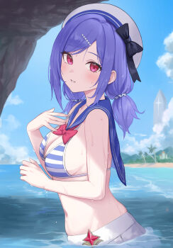 1girl absurdres beach bikini bikini_top_only blue_bikini blue_sailor_collar blue_trim blush bow bowtie breasts cleavage cloud commentary day enporion from_side gem hair_ornament hand_up hat hat_bow head_tilt highres iris_(stella_sora) long_hair looking_at_viewer low_twintails medium_breasts monolith_(object) multicolored_bikini nail_polish ocean outdoors palm_tree parted_bangs parted_lips pink_nails purple_hair red_bow red_bowtie red_eyes red_gemstone rock sailor_collar sailor_hat sideboob sidelocks skirt sky solo star_(symbol) stella_sora striped_bikini striped_clothes swimsuit tree twintails two-tone_bikini wading water wet white_hat white_trim