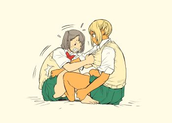 2girls blonde_hair fujita_kakuji jiu-jitsu multiple_girls skirt tagme tan wrestling