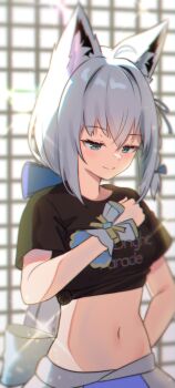 1girl alternate_costume animal_ears black_shirt blue_eyes breasts crop_top fox_ears hand_on_own_chest highres hololive kumarang long_hair looking_down low-tied_long_hair medium_breasts midriff navel shirakami_fubuki shirt short_sleeves side-tie_shirt smile solo stomach upper_body very_long_hair virtual_youtuber white_hair wrist_cuffs