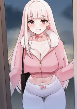 1girl absurdres black_bag blurry blurry_background blush bow bra breasts choker cleavage collarbone commentary ear_piercing earrings fur_jacket grin highres hoop_earrings jacket jewelry large_breasts long_hair long_sleeves looking_at_viewer midriff navel original pants piercing pink_bow pink_choker pink_eyes pink_hair pink_jacket pynkmouth smile solo stomach teeth thighs underwear white_bra white_pants zipper_pull_tab