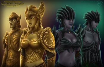 2boys 2girls armor aura black_armor black_sclera blue_eyes boobplate breastplate cleavage_cutout clothing_cutout colored_sclera colored_skin dark_seducer_(mazken) english_text foolish-hearts gold_armor gold_skin golden_saint_(aureal) gradient_background green_background grey_skin helmet looking_at_viewer looking_up midriff multiple_boys multiple_girls non-web_source plate_armor scale_armor shoulder_armor side-by-side slit_pupils the_elder_scrolls the_elder_scrolls_iv:_oblivion topless_male upper_body watermark winged_helmet yellow_background yellow_eyes