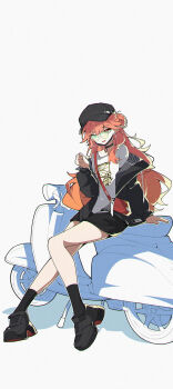 1girl arknights bag baseball_cap black_hat black_jacket black_shoes black_skirt black_socks casual glasses haruka_(arknights) haruka_(casual)_(arknights) hat highres jacket long_sleeves motor_vehicle off_shoulder official_alternate_costume open_clothes open_jacket open_mouth orange_eyes orange_hair pointy_ears postalworks red_bag round_eyewear scooter shirt shoes shoulder_bag simple_background sitting skirt socks solo t-shirt vespa white_background white_shirt