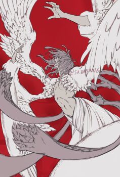 1girl breasts drag-on_dragoon drag-on_dragoon_1 feathered_wings furiae greyscale highres monochrome multiple_wings navel open_mouth red_background sa_bakan6 short_hair solo topless_female white_wings winged_arms wings