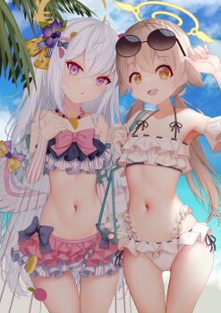 Rule 34 | 2girls, absurdres, azusa (blue archive), azusa (swimsuit) (blue archive), bag, beach, bikini, blue archive, breasts, brown eyes, brown hair, collarbone, commentary request, day, eyewear on head, feathered wings, halo, hifumi (blue archive), hifumi (swimsuit) (blue archive), highres, long hair, looking at viewer, multiple girls, navel, ocean, official alternate costume, outdoors, parted lips, pink hair, purple eyes, round eyewear, ruffle bikini, sausage (qqc33693), shoulder bag, sky, small breasts, smile, stomach, sunglasses, swimsuit, twintails, v, very long hair, water, white bikini, white hair, white wings, wings, yellow halo
