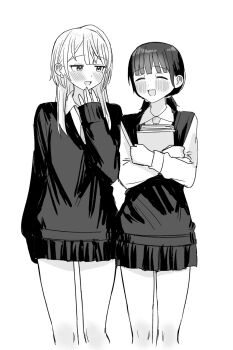 2girls book closed_eyes collared_shirt commentary greyscale hand_up highres holding holding_book hugging_book hugging_object long_hair looking_at_another mole mole_under_eye monochrome multiple_girls open_mouth original pleated_skirt school_uniform shirt skirt smile ssrbonknow symbol-only_commentary
