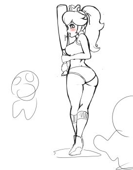 1girl ass baseball_bat blush breasts buruma crown from_behind gluteal_fold highres large_breasts licking long_hair mario_(series) midriff monochrome nintendo ponytail princess_peach sexually_suggestive shorts sideboob simple_background sketch solo sunbeam_(artist)