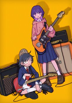 2girls absurdres amplifier black_hair black_shoes blazer blue_jacket blue_skirt brown_shoes cable collared_shirt colored_inner_hair commentary converse creature_on_head dutch_angle electric_guitar fender_jazzmaster fender_telecaster fujii_ayame full_body futsuu_no_keion-bu guitar hatono_chihiro highres holding holding_guitar holding_instrument hood hood_down hoodie indian_style instrument jacket light_smile loafers marshall_amplification medium_hair multicolored_hair multiple_girls neck_ribbon nervous_smile orange_amps parody pink_hoodie pleated_skirt purple_eyes purple_hair red_ribbon ribbon sanpaku school_uniform shadow shirt shoes short_hair sitting skirt smile socks standing sweatdrop white_socks wolf_cut yellow_background yuuho