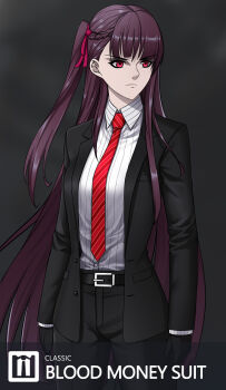 Rule 34 | 1girl, absurdres, agent 47, agent 47 (cosplay), belt, belt buckle, black belt, black gloves, black pants, black suit, breasts, buckle, business suit, cosplay, formal clothes, girls' frontline, gloves, half updo, highres, hitman (game), long hair, long sleeves, lzypoipoi, medium breasts, necktie, one side up, pants, purple hair, red eyes, red necktie, solo, suit, wa2000 (girls' frontline)