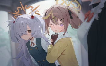 3girls ;p absurdres blonde_hair blue_archive blurry blurry_background blurry_foreground book brown_hair brown_ribbon cardigan commentary dress eri_(blue_archive) grey_dress grey_hair hair_over_one_eye halo highres holding holding_book hugging_book hugging_object kanoe_(blue_archive) lizard0221 long_hair multicolored_hair multiple_girls neck_ribbon one_eye_closed one_eye_covered parted_lips pinafore_dress purple_eyes rena_(blue_archive) ribbon shirt sidelocks sleeveless sleeveless_dress streaked_hair symbol-only_commentary tongue tongue_out twintails two_side_up upper_body white_shirt yellow_cardigan