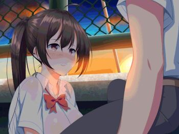 1boy 1girl animated animated_gif breasts brown_eyes brown_hair censored cum cum_in_mouth cum_on_body cum_on_clothes cum_on_hair ejaculation facial fellatio handjob hetero huge_breasts huge_penis inran_virus_~seikoui_wa_iryou_koui~ kawahagitei lactation large_penis mosaic_censoring nipples oral paizuri penis public_indecency puffy_nipples slideshow_animation sunset two-handed_handjob