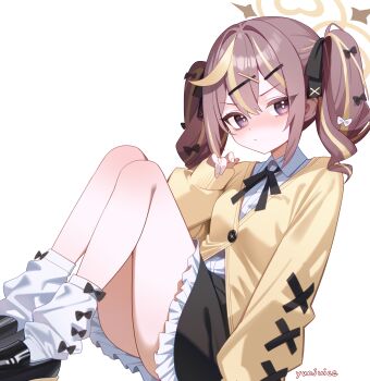 1girl absurdres black_ribbon black_skirt blonde_hair blonde_streaks blue_archive brown_hair brown_halo brown_shoes cardigan collared_shirt commentary_request frilled_skirt frills hair_between_eyes hair_ribbon halo highres long_hair long_sleeves looking_at_viewer multicolored_hair multicolored_halo neck_ribbon purple_eyes rena_(blue_archive) ribbon shirt shoes simple_background single_leg_warmer sitting skirt socks solo streaked_hair twintails two-tone_hair two-tone_halo white_background white_shirt white_socks yellow_cardigan yellow_halo yunjuice