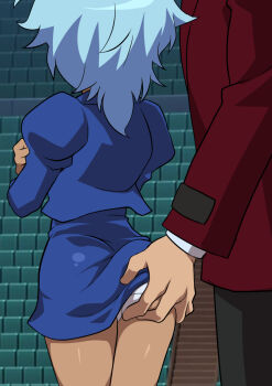 ass beyblade black_pants blue_hair blue_jacket blue_skirt clothes_lift formal_clothes from_behind grabbing_another's_ass groping hasama_hikaru height_difference highres hikaru_hazama jacket jcm2 juliet_sleeves long_sleeves medium_hair metal_fight_beyblade miniskirt molestation panties pants puffy_sleeves red_jacket sexual_harassment skirt skirt_lift stadium standing suit underwear white_panties