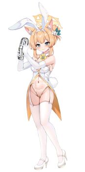 1girl absurdres alternate_breast_size alternate_costume alternate_hairstyle animal_ear_fluff animal_ear_hairband animal_ears bare_shoulders blue_archive blue_eyes breasts cocktail_shaker commentary elbow_gloves fake_animal_ears flower full_body garter_straps gloves hair_flower hair_ornament hairband halo high_heels highleg highleg_leotard highres holding_cocktail_shaker large_breasts leotard looking_at_viewer mari_(blue_archive) navel nontraditional_playboy_bunny orange_hair rabbit_ear_hairband rabbit_ears rabbit_tail revealing_clothes rinringyo see-through_clothes see-through_leotard shoes sleeveless solo tail tailcoat thighhighs white_gloves white_hairband white_shoes white_tailcoat white_thighhighs yellow_halo