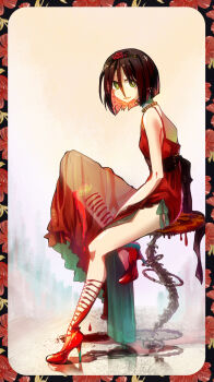 1girl andersen's_fairy_tales blood bone bow breasts bright_pupils brown_hair commentary_request dismemberment dress floral_border flower flower_ornament from_side full_body green_bow green_eyes green_skirt hair_ornament high_heels highres jewelry karen_(andersen) leg_up light_smile myrrh_(artist) necklace original pool_of_blood red_dress red_flower red_shoes reflection see-through_clothes see-through_skirt severed_leg severed_limb shadow shoes sitting skirt small_breasts solo spine the_red_shoes_(andersen) tiara two-tone_skirt white_pupils