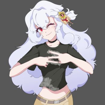 Rule 34 | 1girl, alpha (alpha 1918), belt, black choker, black shirt, blush, breasts, brown pants, choker, cropped shirt, findoworld, fingernails, fluffy hair, grey background, hair between eyes, hair ornament, head tilt, highres, leather belt, long hair, looking at viewer, medium breasts, midriff, one eye closed, original, pants, red eyes, russian empire, shiny lips, shirt, short sleeves, simple background, smile, solo, t-shirt, white hair, z (russian symbol)