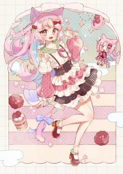Rule 34 | 1girl, :3, :d, animal ear fluff, animal ears, bare shoulders, blunt bangs, blush, bow, brown shoes, cat ears, cat girl, cat tail, chibi, commentary, detached sleeves, food, frilled skirt, frills, fruit, full body, hand up, highres, long hair, long sleeves, looking at viewer, multiple views, open mouth, original, parted bangs, pink eyes, pink hair, pink sleeves, purple bow, raspberry, shirt, shoes, skirt, sleeveless, sleeveless shirt, smile, socks, standing, standing on one leg, striped background, striped clothes, striped skirt, suspender skirt, suspenders, tail, tail bow, tail ornament, tsukumi bis, v-shaped eyebrows, vertical-striped clothes, vertical-striped skirt, white shirt, white socks