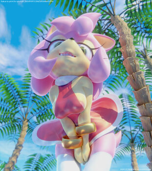 3d amy_rose areola_slip breasts hands_between_legs highres looking_at_viewer looking_down medium_breasts sideboob smile sonic_(series) tcprod thighhighs