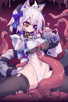 1girl ? absurdres animal_ear_fluff animal_ears black_thighhighs blue_eyes blue_hair bow breasts cameltoe cat_ears cat_girl cat_tail chinese_commentary closed_mouth commentary_request covered_erect_nipples covered_navel cropped_jacket hair_bow heterochromia highleg highleg_leotard highres imazawa jacket large_breasts leotard long_sleeves looking_down medium_hair o-ring original ovipositor paid_reward_available paw_pose pink_hair plaid_bow purple_bow solo tail tentacles thighhighs variant_set white_jacket white_leotard yellow_eyes