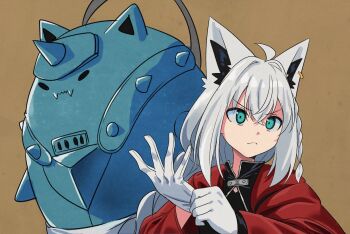 1girl ahoge animal_ear_fluff animal_ears aqua_eyes blush braid commentary fox_ears fox_girl fox_shadow_puppet fox_tail fubuzilla_(shirakami_fubuki) fullmetal_alchemist hair_between_eyes hololive kumarang long_hair looking_at_viewer open_mouth shirakami_fubuki sidelocks single_braid tail untranslatable_commentary virtual_youtuber white_hair