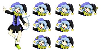 1girl :d :o ? aimturein bad_id bad_tumblr_id black_hat black_shorts blue_hair blush_stickers buttons clover confused deltarune diamond_(shape) genderswap genderswap_(mtf) green_shoes happy hat heart jester_cap jevil laughing multicolored_hat multiple_expressions neck_ruff open_mouth pointy_ears pom_pom_(clothes) purple_hat purple_vest ringed_eyes shoes shorts smile smug spade_(shape) tail utdr_(toby_fox) vest yellow_eyes zun_(style)