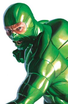 1boy absurdres alex_ross blue_eyes bodysuit comic_cover cover cover_page green_bodysuit green_lips highres looking_at_viewer looking_to_the_side male_focus marvel no_eyebrows official_art open_mouth realistic scorpion_(marvel) solo spider-man_(series) teeth upper_body western_comics_(style) white_background wrinkled_skin