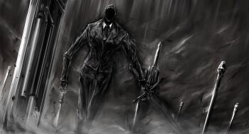 1boy absurdres black_gloves black_jacket black_necktie black_pants black_suit commentary_request distortion_(project_moon) faceless facing_viewer formal_clothes gloves hen_na highres holding holding_sword holding_weapon jacket korean_commentary library_of_ruina necktie pants planted planted_sword planted_weapon project_moon roland_(project_moon) smoke solo spoilers suit sword walking weapon