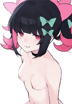 1girl black_hair blush bow breasts colored_inner_hair commentary enka_(nacl_chica) green_bow grin hair_bow highres multicolored_hair nipples nude pink_bow pink_hair red_eyes rokudu_sariel simple_background small_breasts smile solo twintails white_background zenless_zone_zero