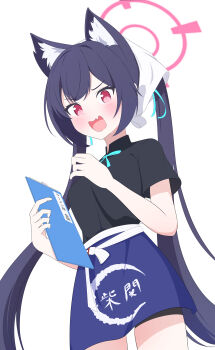 1girl absurdres animal_ear_fluff animal_ears apron aqua_ribbon black_hair black_shirt blue_apron blue_archive blush cat_ears cat_girl clothes_writing commentary fortysansan hair_ribbon halo highres holding holding_menu menu neck_ribbon red_eyes red_halo ribbon serika_(blue_archive) shirt translated twintails white_background