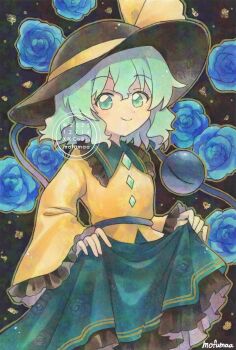 1girl artist_name black_hat blue_flower blue_rose buttons closed_mouth commentary dated diamond_button eyeball flower frilled_shirt_collar frilled_sleeves frills green_eyes green_hair green_skirt hat highres komeiji_koishi long_sleeves looking_at_viewer maa_(forsythia1729) ribbon rose shirt skirt skirt_hold smile solo third_eye touhou traditional_media twitter_username watermark wide_sleeves yellow_ribbon yellow_shirt