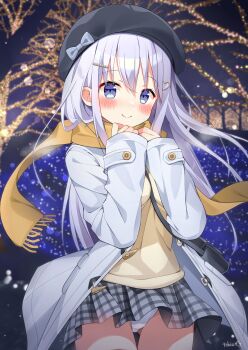 1girl beret blue_eyes blue_hair blurry blurry_background blush bow closed_mouth coat commentary_request cowboy_shot depth_of_field hair_between_eyes hair_ornament hairclip hat highres jacket long_hair long_sleeves looking_at_viewer open_clothes open_jacket original outdoors panties pantyshot plaid_clothes plaid_skirt pleated_skirt scarf sidelocks skirt sleeves_past_wrists smile solo standing sweater tobio_illust underwear white_panties winter_clothes