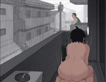 1girl 2boys age_difference akiyama_toru_(pepper0) ass aunt_and_nephew balcony black_hair completely_nude cowgirl_position girl_on_top grey_sky hetero highres incest miyamoto_chihiro_(pepper0) motion_lines multiple_boys nude onee-shota original outdoors pepper0 rain sex short_hair shota sky straddling