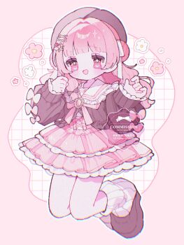 1girl :d blunt_bangs blush border bow bowtie brown_hat brown_shirt brown_shoes chromatic_aberration collared_shirt commentary commission contrast_collar double_bun frilled_shirt_collar frilled_skirt frilled_sleeves frills full_body grid_background hair_bun hair_ornament hair_ribbon hands_up hat highres long_hair long_sleeves open_mouth original outline outside_border pink_border pink_bow pink_bowtie pink_eyes pink_hair pink_skirt ribbon shirt shoes skirt sleeve-bow sleeves_past_wrists smile socks solo symbol-only_commentary upache watermark white_background white_outline white_ribbon white_socks x_hair_ornament