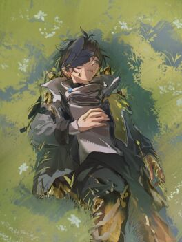 1boy arknights arknights:_endfield black_pants blue_eyes brown_hair collared_jacket cracked_skin endministrator_(arknights) feet_out_of_frame field grass grey_jacket hashtag-only_commentary highres jacket layered_sleeves long_sleeves looking_to_the_side lying male_endministrator_(arknights) male_focus mask oh_my_julai on_back one_eye_covered outdoors pants parted_lips short_hair solo