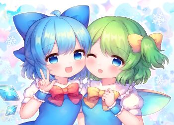 2girls :3 :d ;d ahoge blue_bow blue_dress blue_eyes blue_hair blush bow bowtie cirno coa_(chroo_x) collared_shirt commentary_request daiyousei detached_wings double-parted_bangs dress fairy_wings frilled_shirt_collar frilled_wrist_cuffs frills green_hair hair_bow hand_up ice ice_wings looking_at_viewer multiple_girls one_eye_closed one_side_up open_mouth pinafore_dress red_bow red_bowtie shirt short_hair short_sleeves sleeveless sleeveless_dress smile touhou upper_body w white_shirt wings wrist_cuffs yellow_bow yellow_bowtie