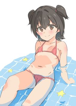 1girl akagi_miria bikini brown_eyes brown_hair cameltoe closed_mouth commentary_request flat_chest highres idolmaster idolmaster_cinderella_girls loli looking_at_viewer pink_bikini reclining saeki_tatsuya short_hair smile solo string_bikini swimsuit two_side_up water