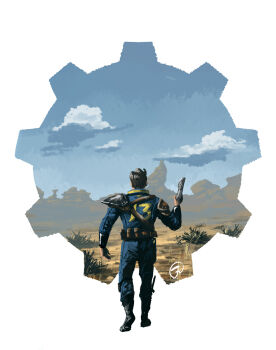 1boy ammunition_pouch armor back black_hair blue_sky boot_knife cloud cloudy_sky fallout fallout_1 fernando_correa gears gun handgun highres knife mountainous_horizon pauldrons pouch shoulder_armor signature single_pauldron sky vault_dweller vault_suit walking weapon white_background