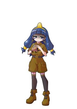 Rule 34 | 1girl, alphes (style), black thighhighs, blue eyes, blue hair, blunt bangs, boots, brown boots, brown shirt, brown shorts, closed mouth, collared shirt, commentary request, dairi, earrings, facial mark, fold-over boots, full body, hair bobbles, hair ornament, half-closed eyes, highres, holding, jewelry, key earrings, large variant set, long hair, michigami nareko, parody, shaded face, shirt, short sleeves, shorts, simple background, smile, solo, standing, style parody, tachi-e, thighhighs, touhou, transparent background, triangle, triangle facial mark, variant set