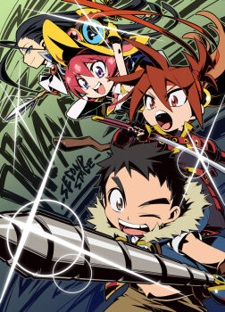 1girl 3boys black_hair broom broom_riding commentary_request eyewear_on_headwear feylin glasses green_eyes hagan hat holding holding_sword holding_weapon kibamaru mole mole_under_eye multiple_boys nagare_(tanken_driland) nijuu open_mouth purple_eyes red_hair sword tanken_driland tanken_driland:1000-nen_no_mahou teeth weapon witch_hat