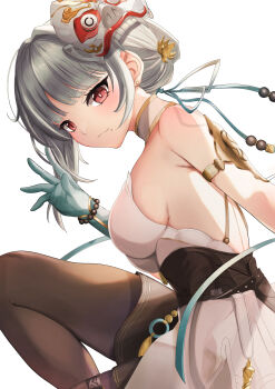 1girl absurdres aoi_(ayakaze_aoi) aqua_gloves aqua_ribbon armpit_crease bare_shoulders bead_bracelet beads black_pantyhose black_skirt bracelet breasts closed_mouth commentary_request dress from_side gloves grey_hair hair_ribbon highres jewelry large_breasts looking_at_viewer mask mask_on_head mismatched_irises mole mole_under_mouth official_alternate_costume pantyhose red_eyes ribbon sanhua_(exorcistic_adjuration)_(wuthering_waves) sanhua_(wuthering_waves) short_hair sideboob simple_background skirt solo tacet_mark_(wuthering_waves) waving white_background white_dress wuthering_waves