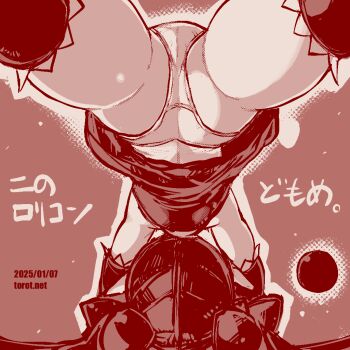 1girl ass backbeako_(torotei) backbeard commentary dated dress elbow_gloves from_behind gegege_no_kitarou gloves hair_ribbon handstand kono_lolicon_domome loli long_hair monochrome original paid_reward_available panties pointy_ears red_background ribbon simple_background skindentation sleeveless sleeveless_dress solo symbol-only_commentary thighhighs torotei translated twintails underwear upside-down watermark web_address