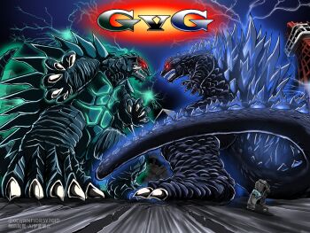 battle claws crossover daiei_film elbow_spikes engi_(animation_studio) fangs gamera gamera_(series) gamera_-rebirth- gamera_3:_revenge_of_iris giant giant_monster godzilla godzilla_(minus_one) godzilla_(series) godzilla_minus_one highres jaw kadokawa kaiju level_herock long_tail monster no_humans open_mouth red_eyes sharp_teeth spines tail teeth toho tokusatsu tokyo_tower tortoise turtle turtle_shell tusks