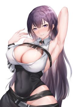 1girl absurdres arm_behind_head arm_up armpits bare_shoulders black_leotard blush breasts chest_harness chinese_commentary cleavage commentary covered_navel feet_out_of_frame girls&#039;_frontline girls&#039;_frontline_neural_cloud harness highres large_breasts leotard long_hair looking_at_viewer nail_polish open_mouth presenting_armpit purple_eyes purple_hair purple_nails sangoma_(neural_cloud) smile solo standing thatob white_background